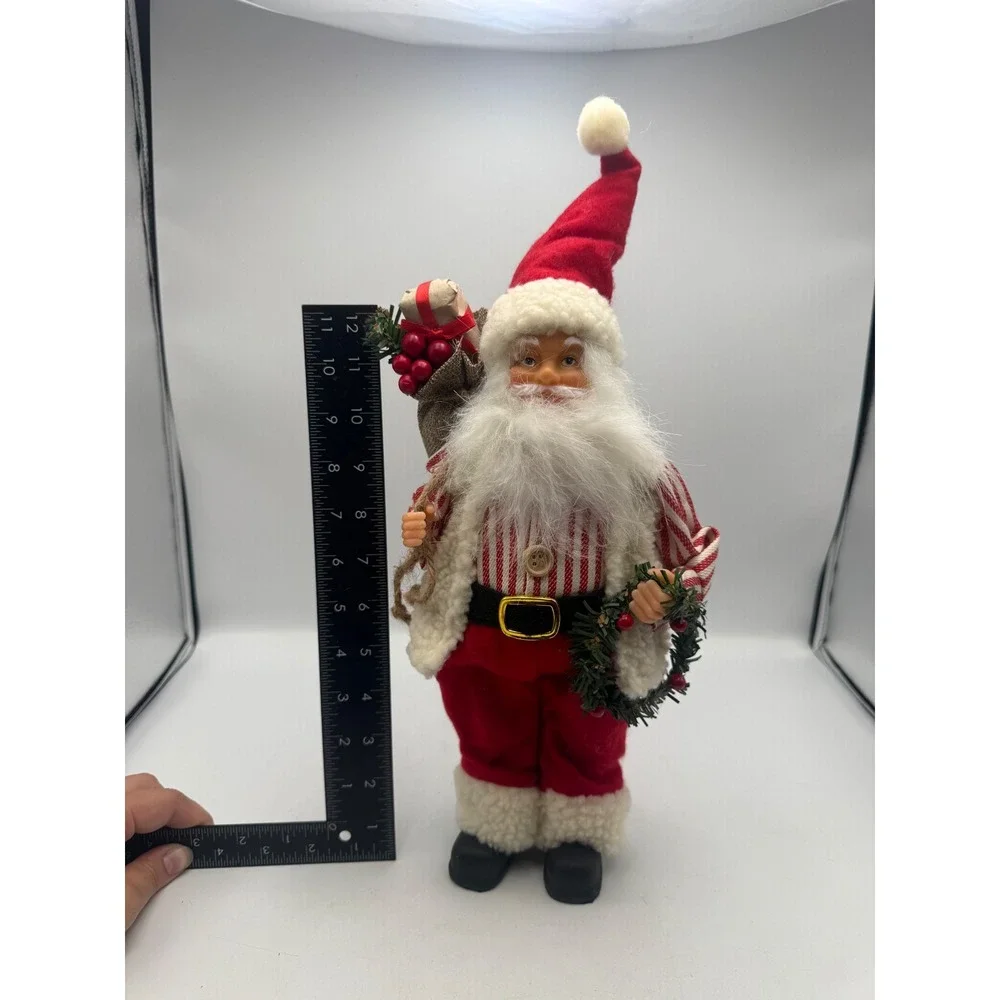 Vintage Style Standing Santa Claus Figurine Red White Striped Shirt Wreath